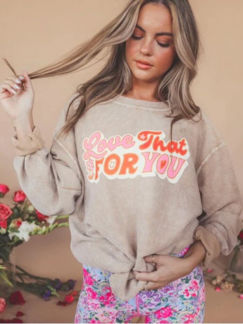 Chicka-D Love That For You Corded Sweatshirt Tan Graphic Crewneck Large